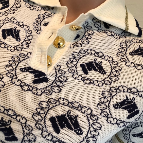 Gucci Equestrian Jacquard Polo Short Sleeves Sweater Cream/Navy Women's Size XS - Picture 15 of 16